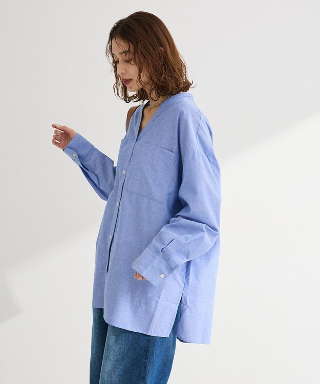 Green Parks 綿麻混Ｖネックオーバーサイズシャツ Sax