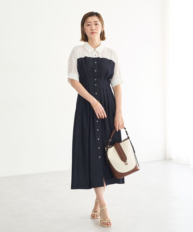 YECCA VECCA ハーフスリーブベアドッキングワンピース Navy