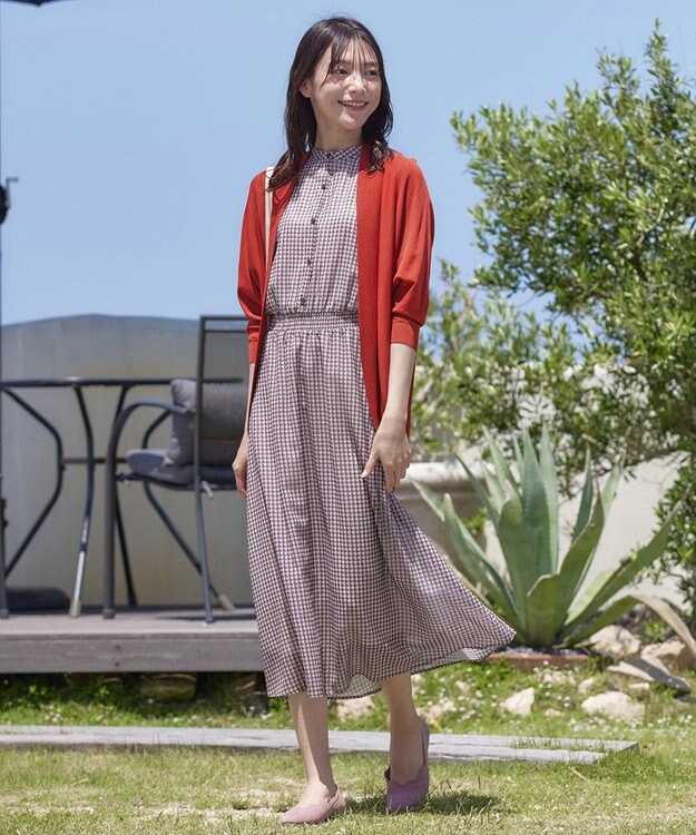 Tiaclasse 【新色追加・洗える】チェック柄フレア袖シアーワンピース オフホワイト