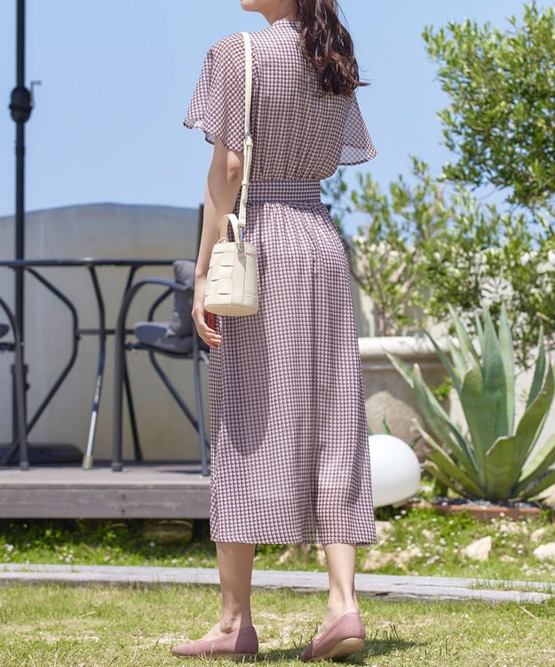 Tiaclasse L 【新色追加・洗える】チェック柄フレア袖シアーワンピース オフホワイト