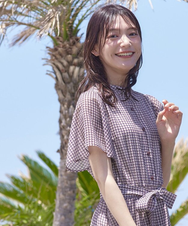 Tiaclasse 【新色追加・洗える】チェック柄フレア袖シアーワンピース オフホワイト