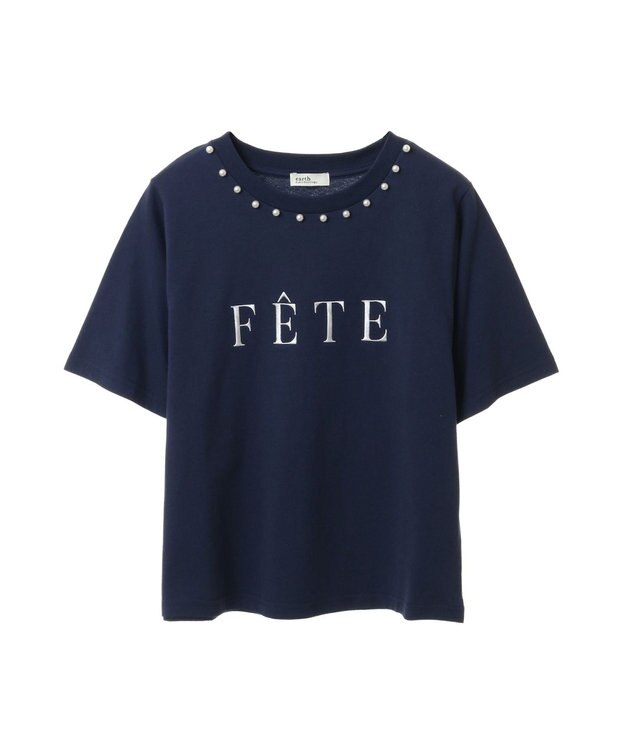 earth music&ecology 襟パール刺繍ロゴＴシャツ Navy