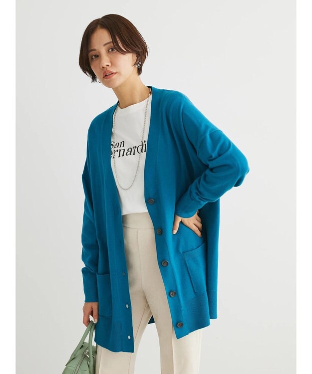 Green Parks もちやわ　Ｖネックミディ丈ニットカーディガン Blue Green