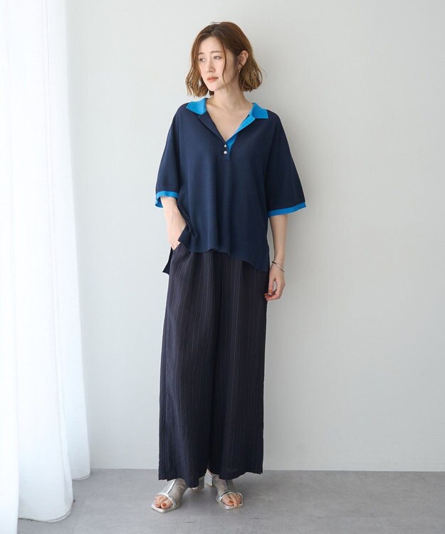 YECCA VECCA 配色ワイドポロニット Navy