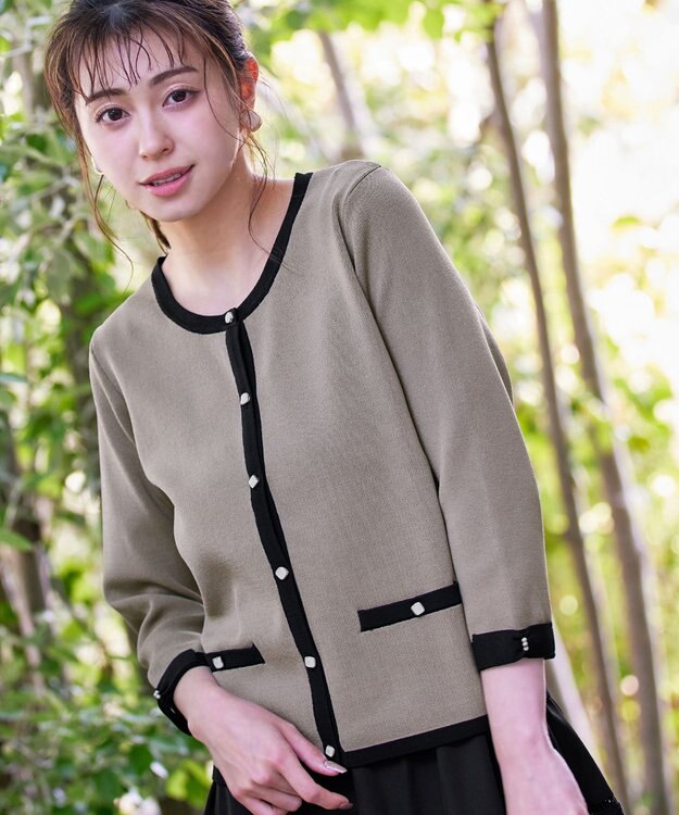 Tiaclasse 【洗える】配色使い総針袖リボンカーデ グレージュ×ブラック