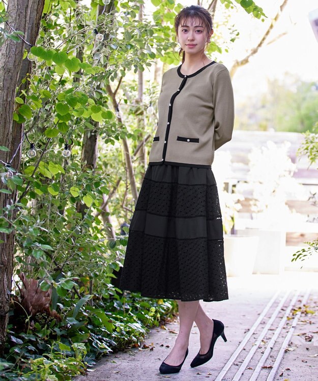 Tiaclasse 【洗える】配色使い総針袖リボンカーデ グレージュ×ブラック