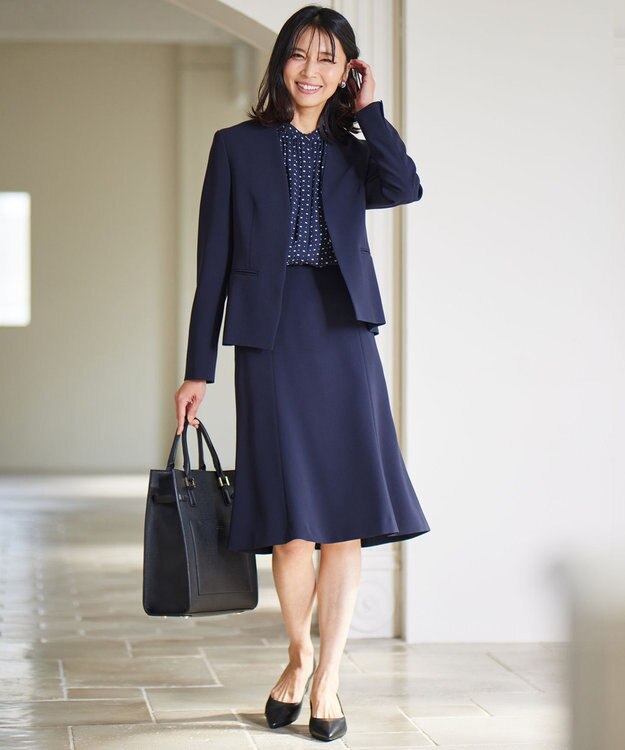 23区 【セットアップ対応/洗える】トリアセダブルジョーゼット ノーカラー ジャケット ネイビー系