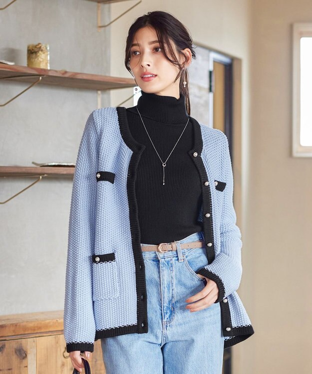 Tiaclasse 【洗える】ミドル丈配色ノーカラーニットジャケット サックス