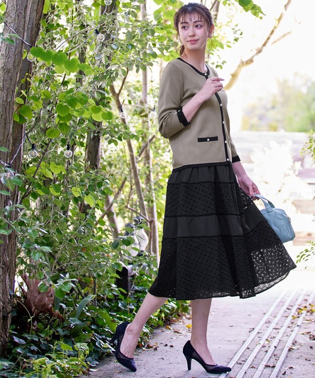 Tiaclasse 【洗える】配色使い総針袖リボンカーデ グレージュ×ブラック