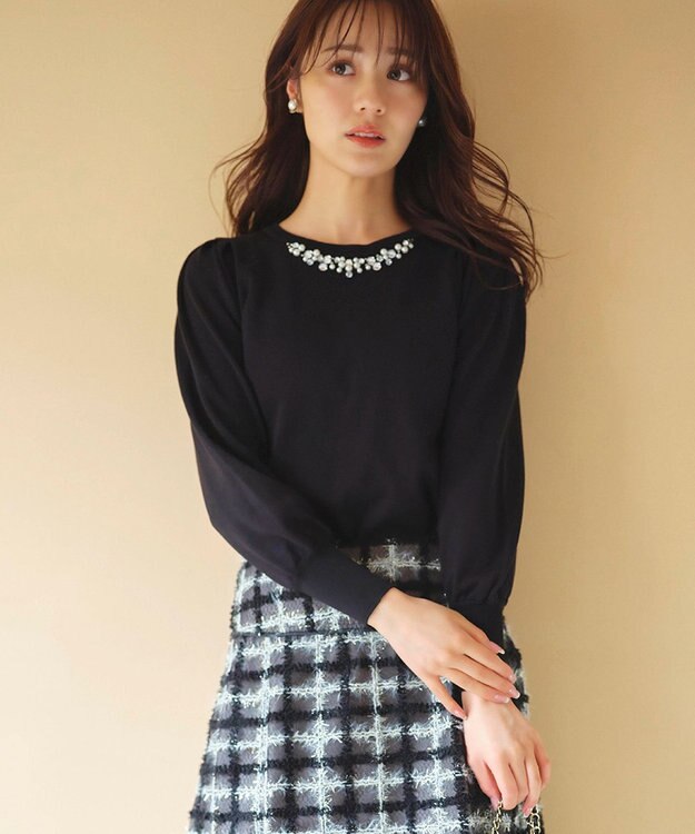 Feroux 【洗える】ビジュー襟 プルオーバーニット ブラック系