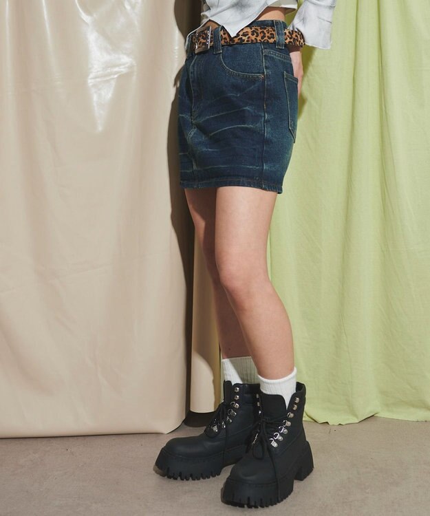WEGO レオパードベルト付きデニムミニスカパン デニム