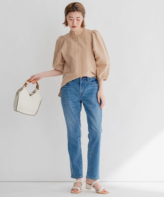 23区 L 【洗える】カラミストライプ パフスリーブ ブラウス キャメル系