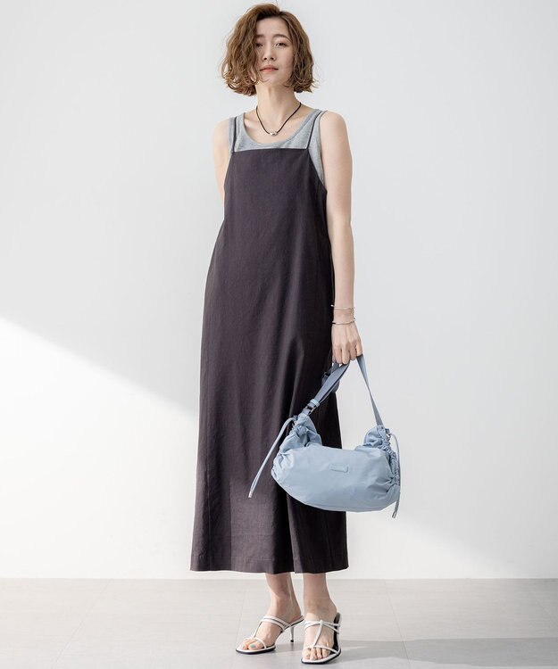 23区 【洗える】リネンレーヨンストレッチ  Iライン キャミソール ワンピース ダークブラウン系