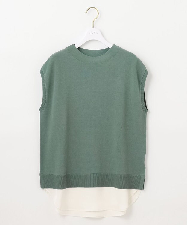 ANY SIS S 【洗える】フレンチスリーブシャツテール ニット グリーン