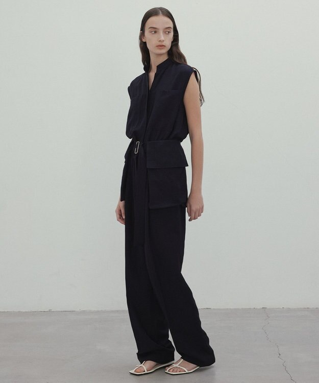 BEIGE， 【洗える】BERNARD / リネンワイドポケット付きラップベルト Navy