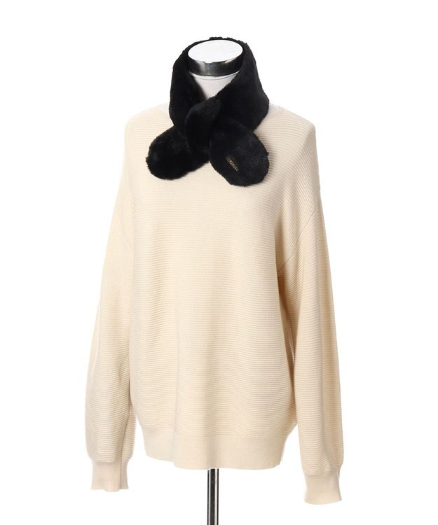 MOONBAT FURLA ファーティペット 差し込み ロゴプレート付 フェイクファーマフラー ブラック