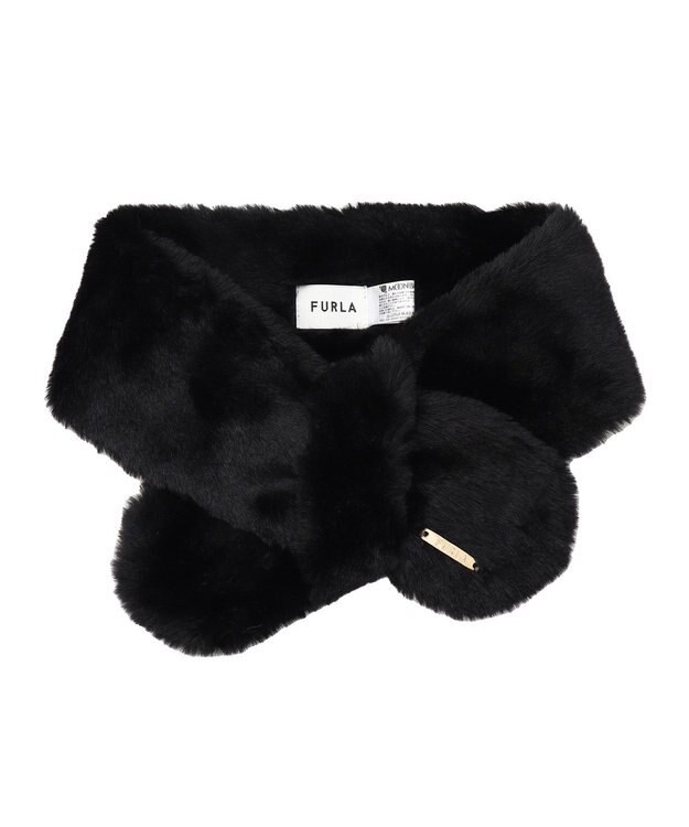 MOONBAT FURLA ファーティペット 差し込み ロゴプレート付 フェイクファーマフラー ブラック