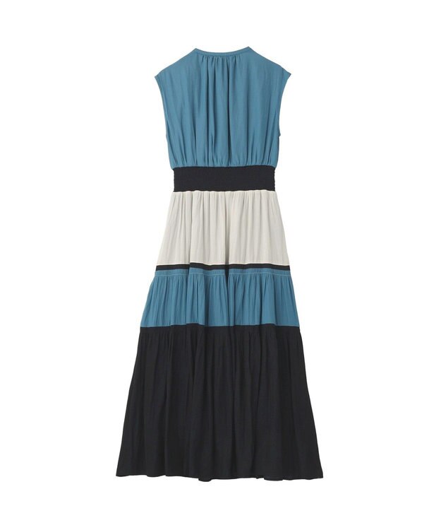 YECCA VECCA マルチカラーシャーリングワンピース Blue Green