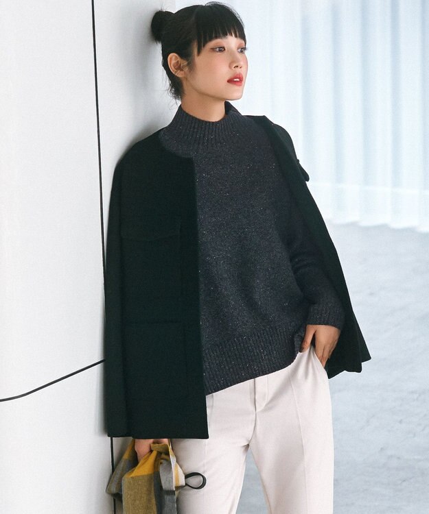 UNFILO ウールブレンド ノーカラーコート ブラック