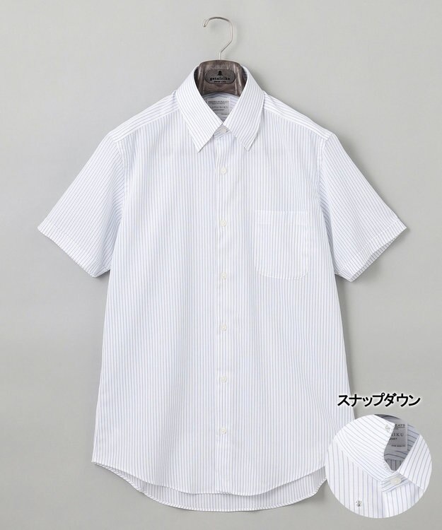 GOTAIRIKU 春夏向け【形態安定】SUMMERPREMIUMPLEATS_スナップダウンカラー 半袖ドレスシャツ(25年モデル) 白地×ネイビーストライプ