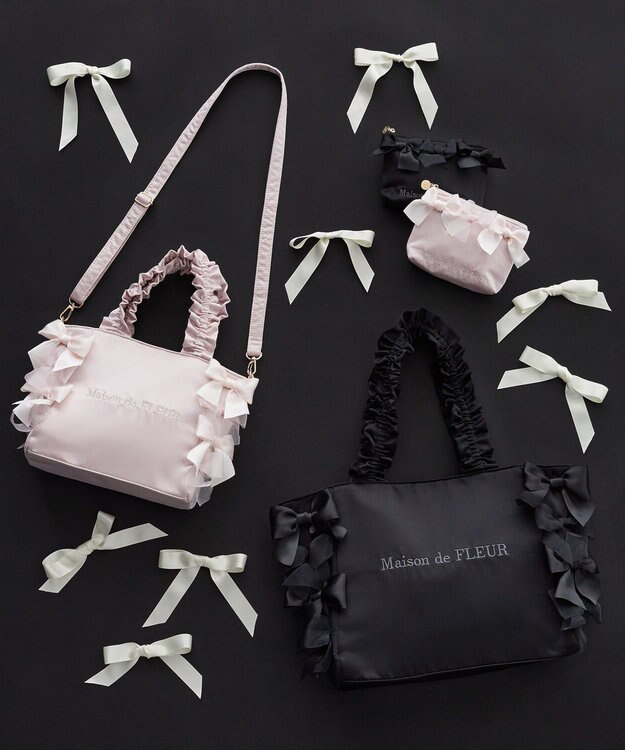 Maison de FLEUR リボンギャザーハンドルトートバッグ Black