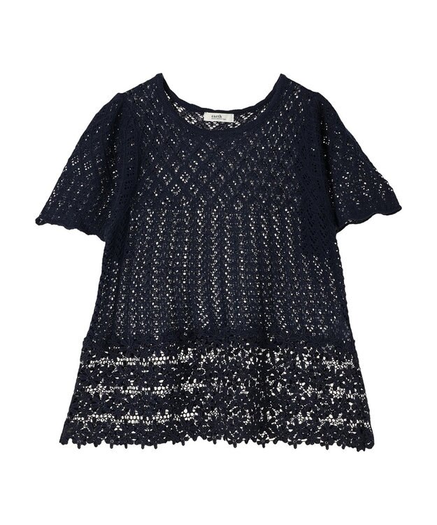 earth music&ecology 裾レース透かしニットプルオーバー Navy