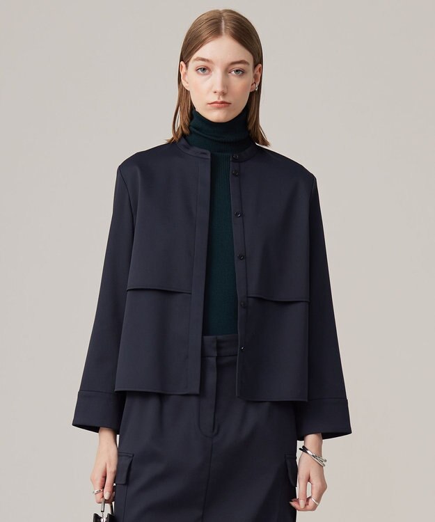 ICB 【洗える】ウォームサテン クロップドシャツ ネイビー系