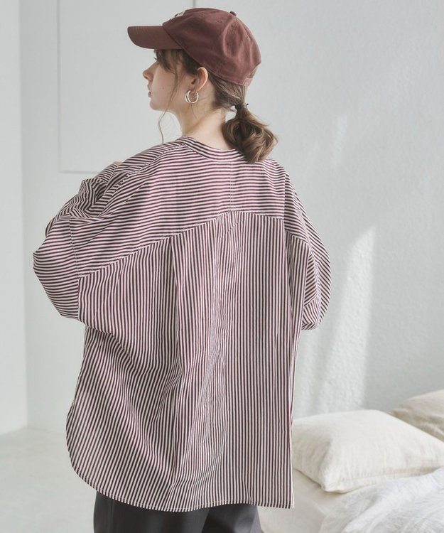 WEGO 着丈が選べる オーバーサイズ バンドカラー シャツ / ストライプ / 無地 ブラウンストライプ