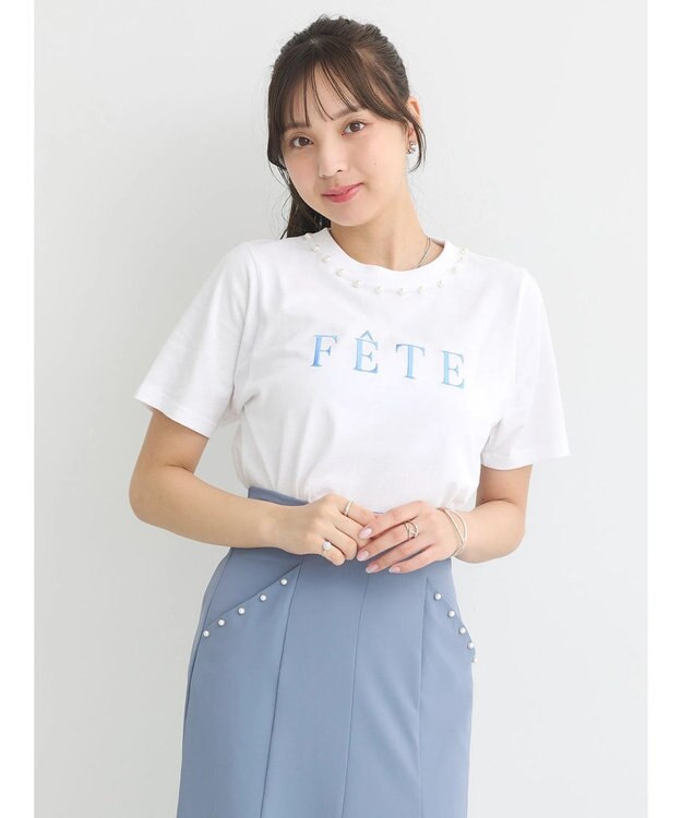 earth music&ecology 襟パール刺繍ロゴＴシャツ White