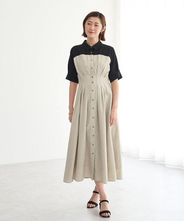 YECCA VECCA ハーフスリーブベアドッキングワンピース Stripe