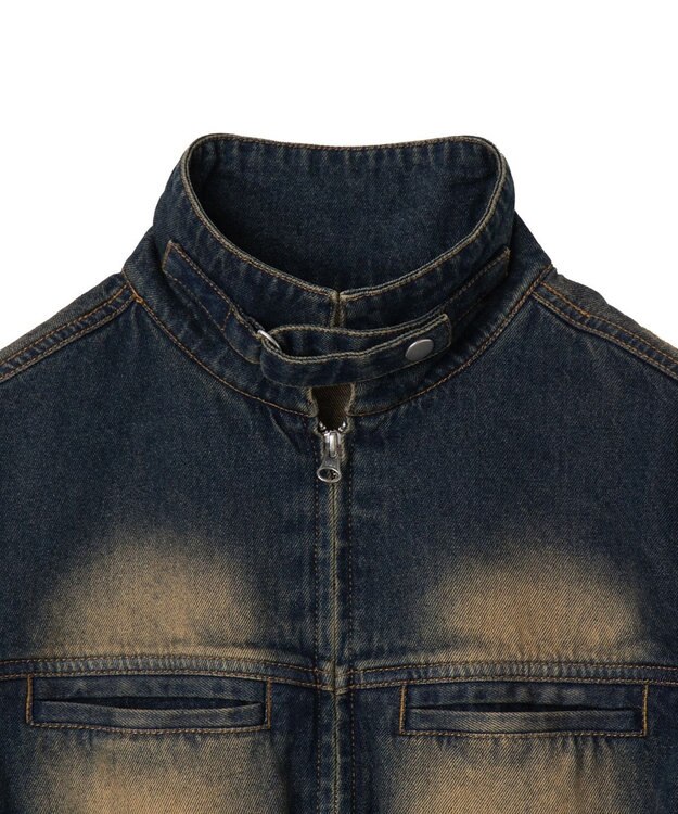 WEGO ヴィンテージウォッシュバイカージャケット デニム濃加工色