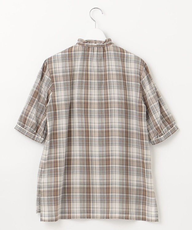 J.PRESS LADIES 【洗える】キュプラチェック フリルスタンドカラー ブラウス ベージュ系3