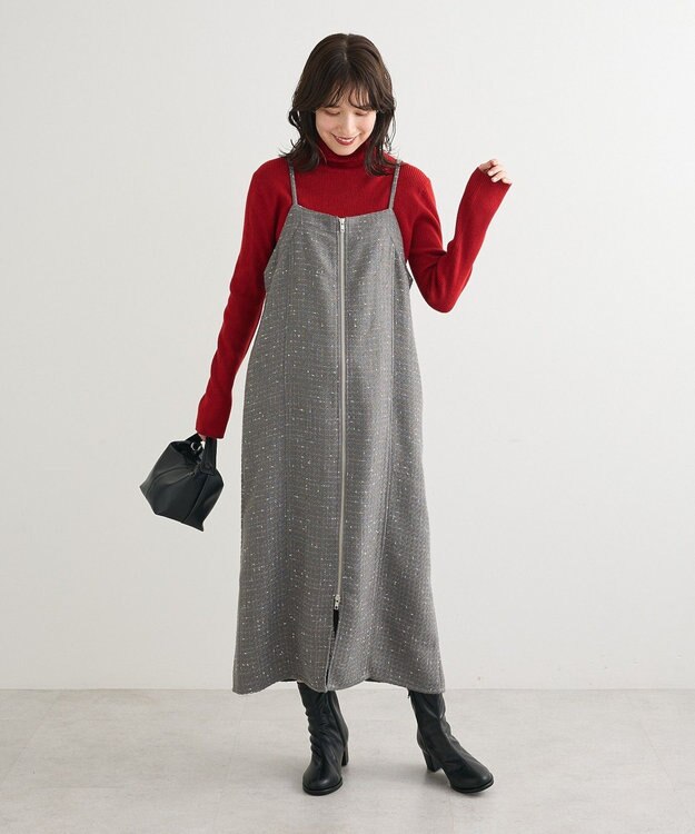 Green Parks フロントＺＩＰツイードキャミワンピース Gray