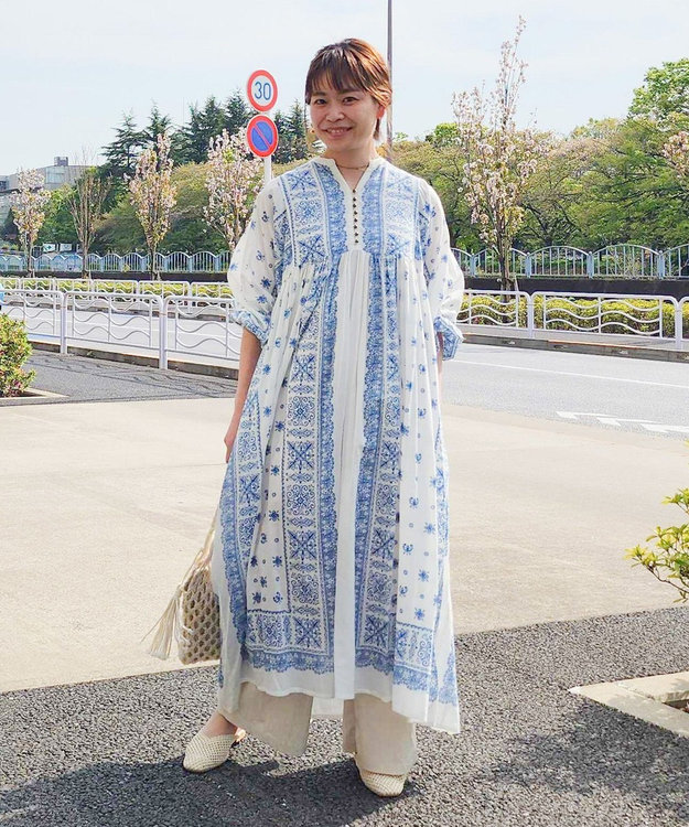 CRAFT STANDARD BOUTIQUE インド綿パネル柄ウエスト切り替えボリュームワンピース Blue