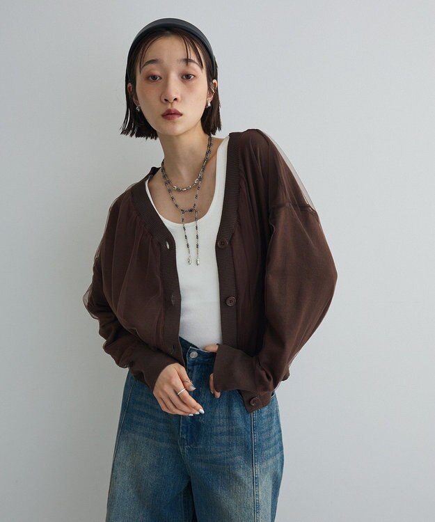 Green Parks チュールドッキングＶネックニットカーディガン Brown