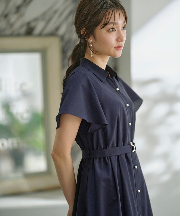 ANY SIS 【洗える】ビューティフレア シャツワンピース ネイビー