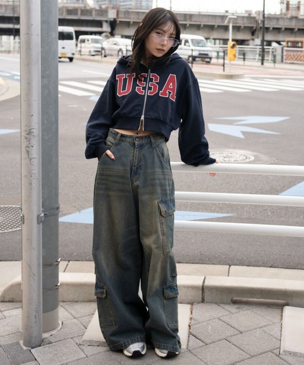 WEGO グラフィックショートZIPパーカー ネイビー