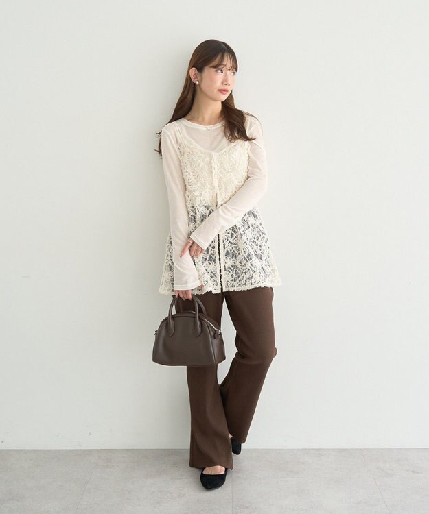earth music&ecology セルフカットテレコフレアパンツ Light Beige