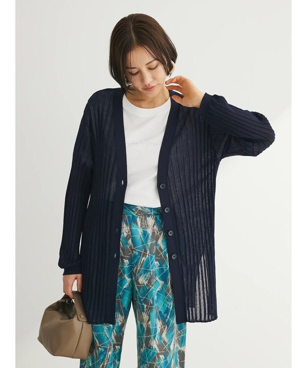 Green Parks 推しニット　リブ編みミドル丈カーディガン Navy