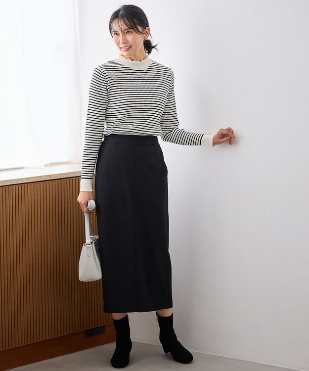 ANY 【洗濯機可】ウォームニットフリルプルオーバー ホワイト×ブラック