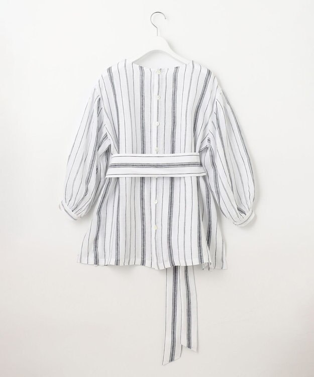 23区 L 【洗える】LIBECO ベルト付き ブラウス ホワイト×ネイビーストライプ