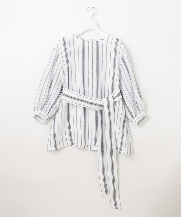 23区 S 【洗える】LIBECO ベルト付き ブラウス ホワイト×ネイビーストライプ