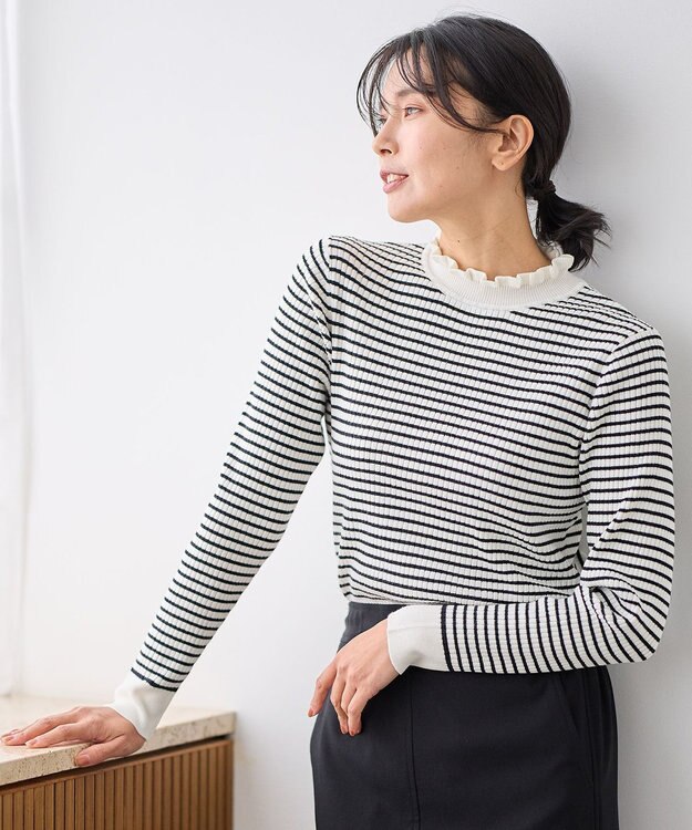 ANY 【洗濯機可】ウォームニットフリルプルオーバー ホワイト×ブラック