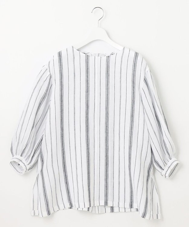 23区 【洗える】LIBECO ベルト付き ブラウス ホワイト×ネイビーストライプ