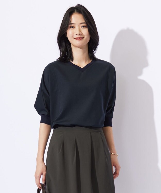 J.PRESS LADIES L TCポンチ ニットコンビ ドルマン カットソー ネイビー系