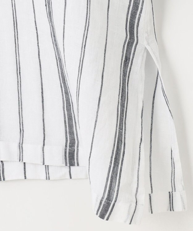 23区 S 【洗える】LIBECO ベルト付き ブラウス ホワイト×ネイビーストライプ