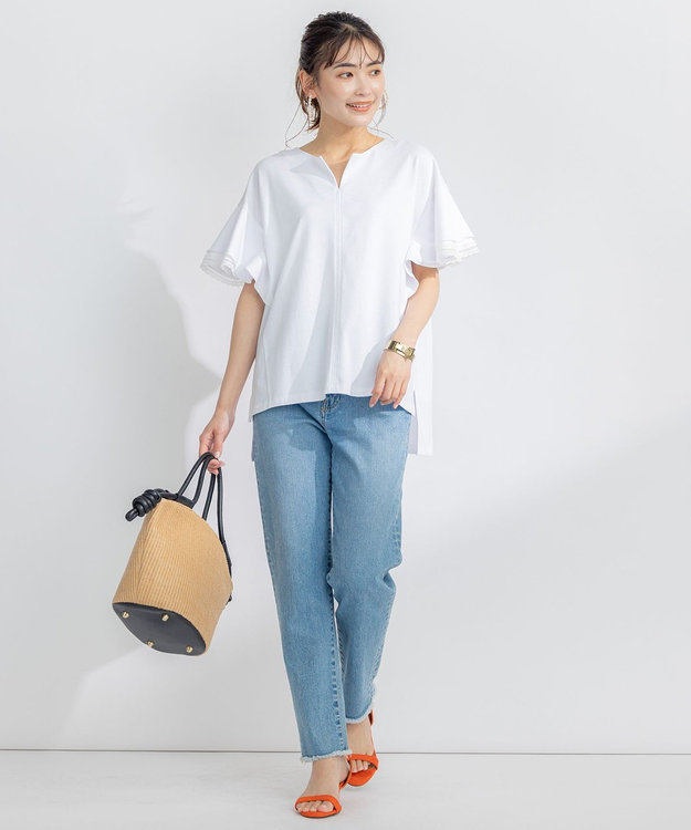 組曲 【汗ジミ防止・撥水】GIZAプレーティング天竺袖フリル カットソー アイボリー系