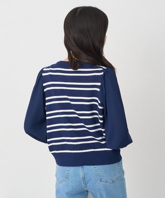 earth music&ecology 　透かし編みボーダーカーディガン Border Navy