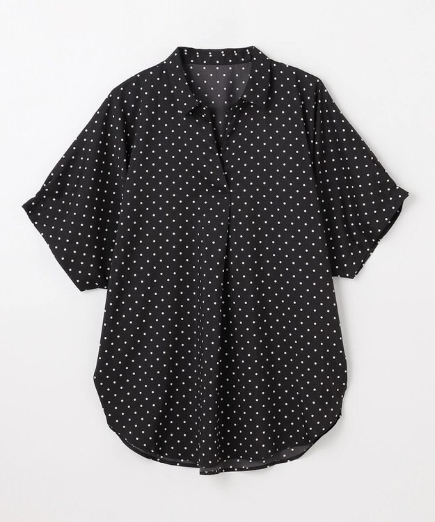 ANY 【新色追加】スキッパーネック袖タックブラウス ブラックドット