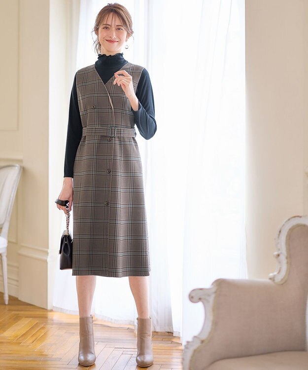 ANY SIS 【美人百花10月号掲載】リバーシブルチェックラップ ワンピース ブラウンチェック×キャメル